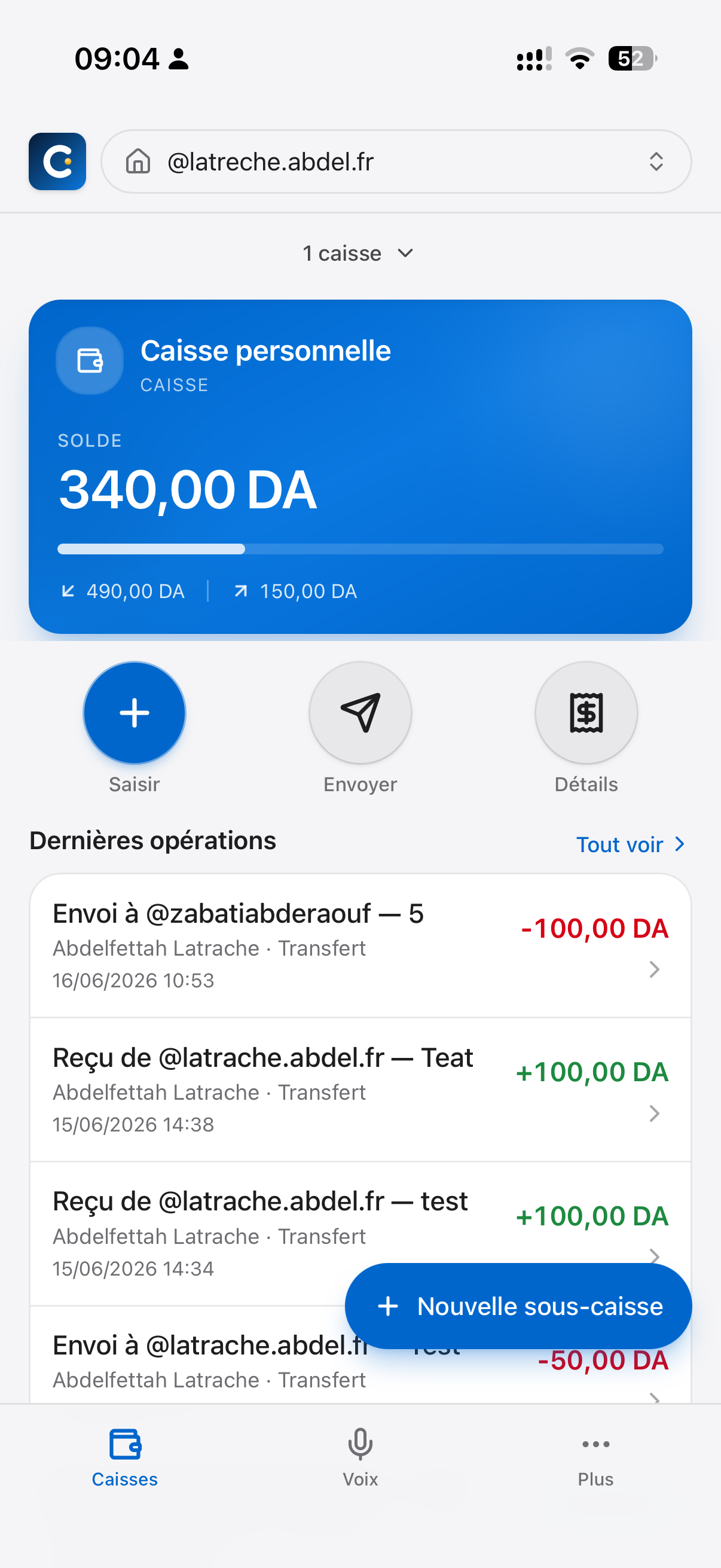 Wallet MyCaisse — caisse personnelle avec solde, transferts P2P et historique.